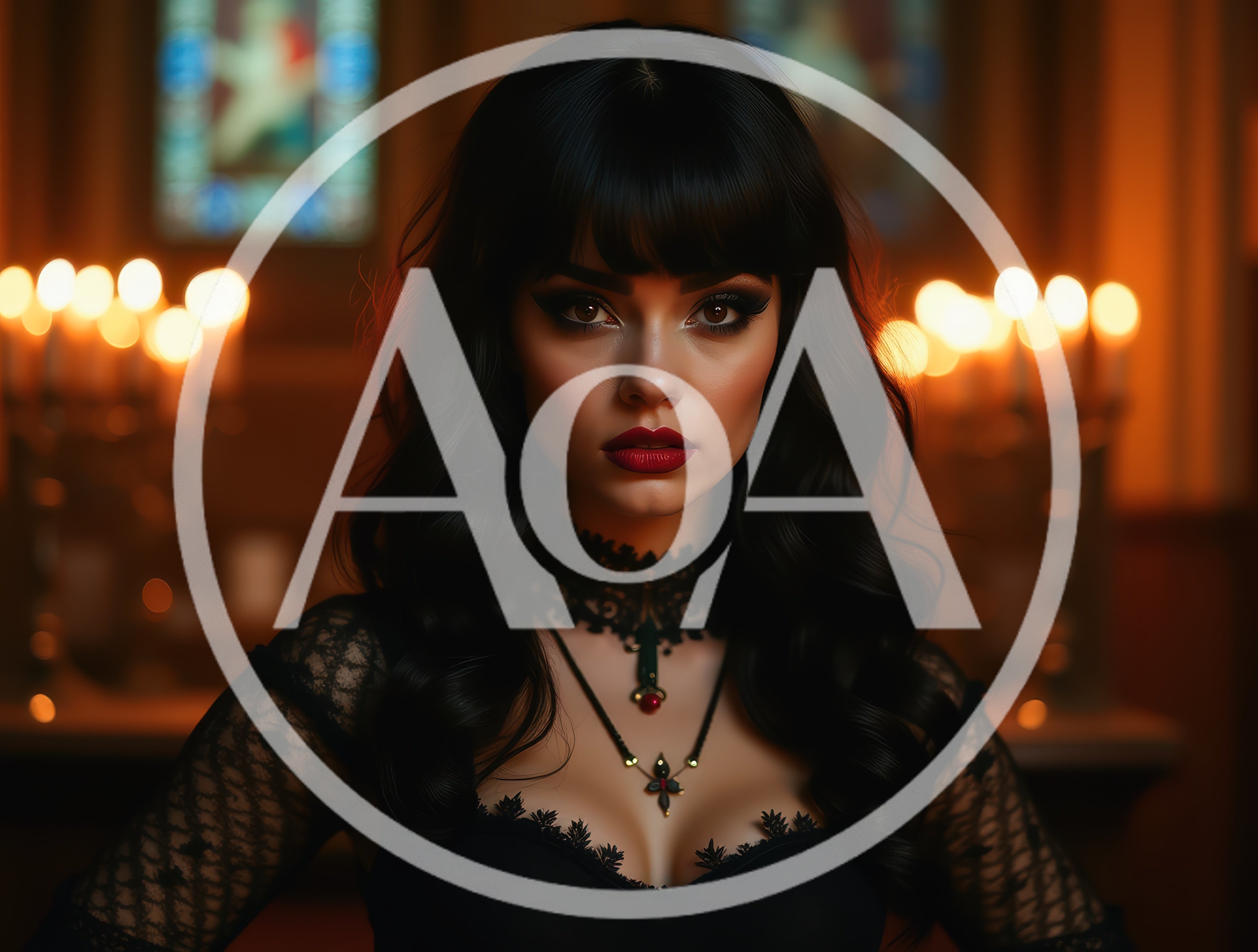 Gothic Woman With Dark Hair In Candlelit Church