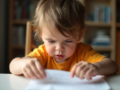Toddler Concentrating While Reading A Document