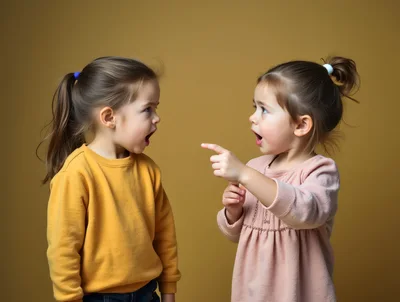 Two Young Girls Arguing and Pointing Fingers