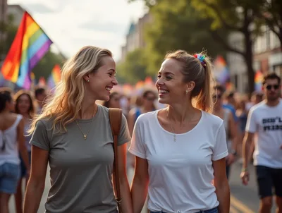 Two Happy Women Walking Together at Pride Parade