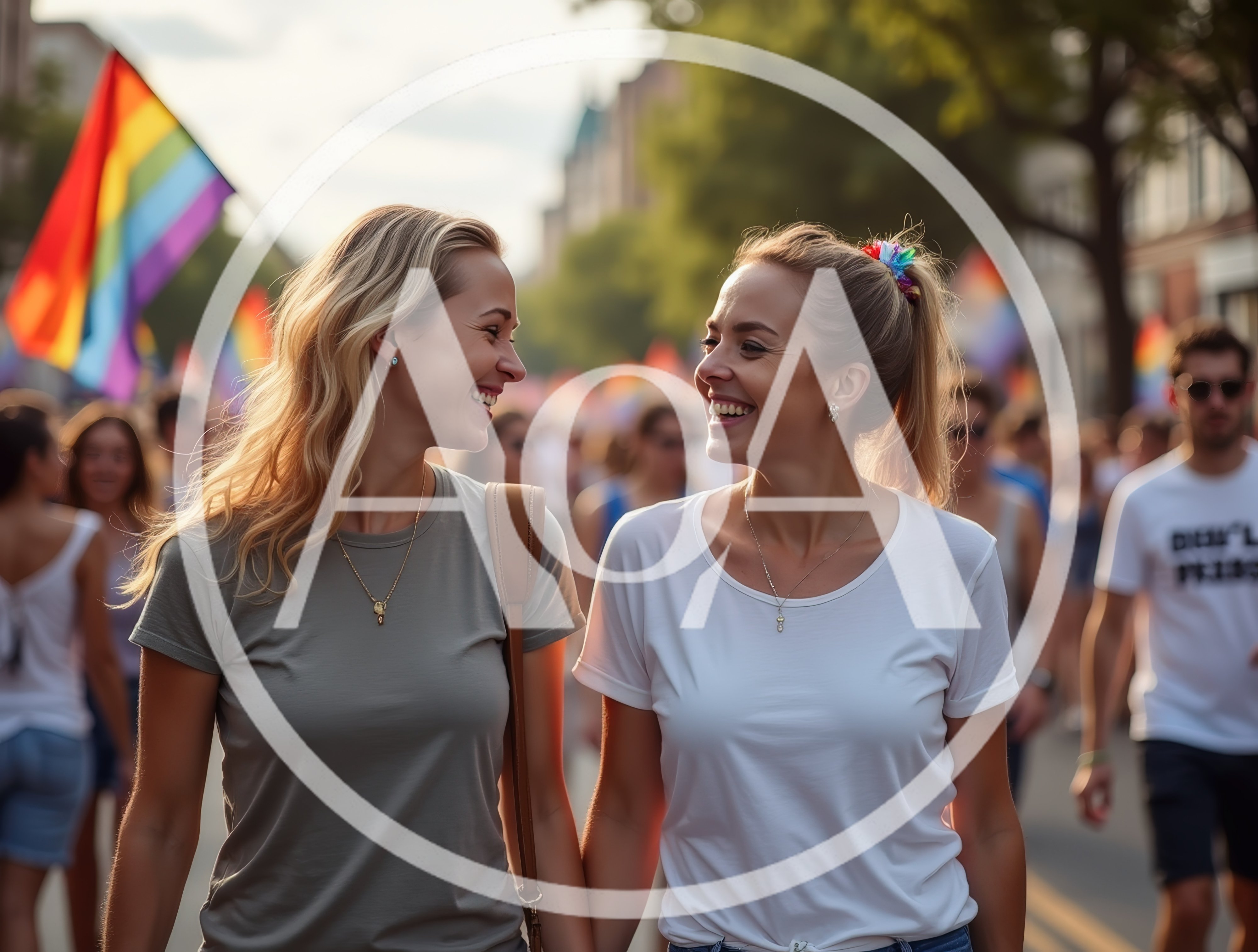 Two Happy Women Walking Together at Pride Parade
