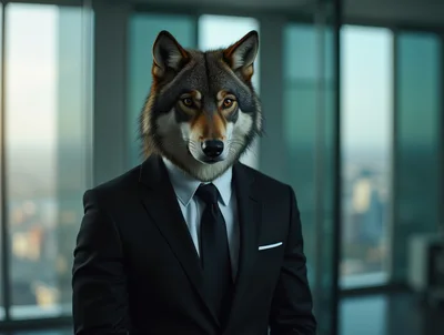 Anthropomorphic Wolf Businessman In Modern Office Setting