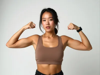 Fit Asian Woman Flexing Muscles In Studio