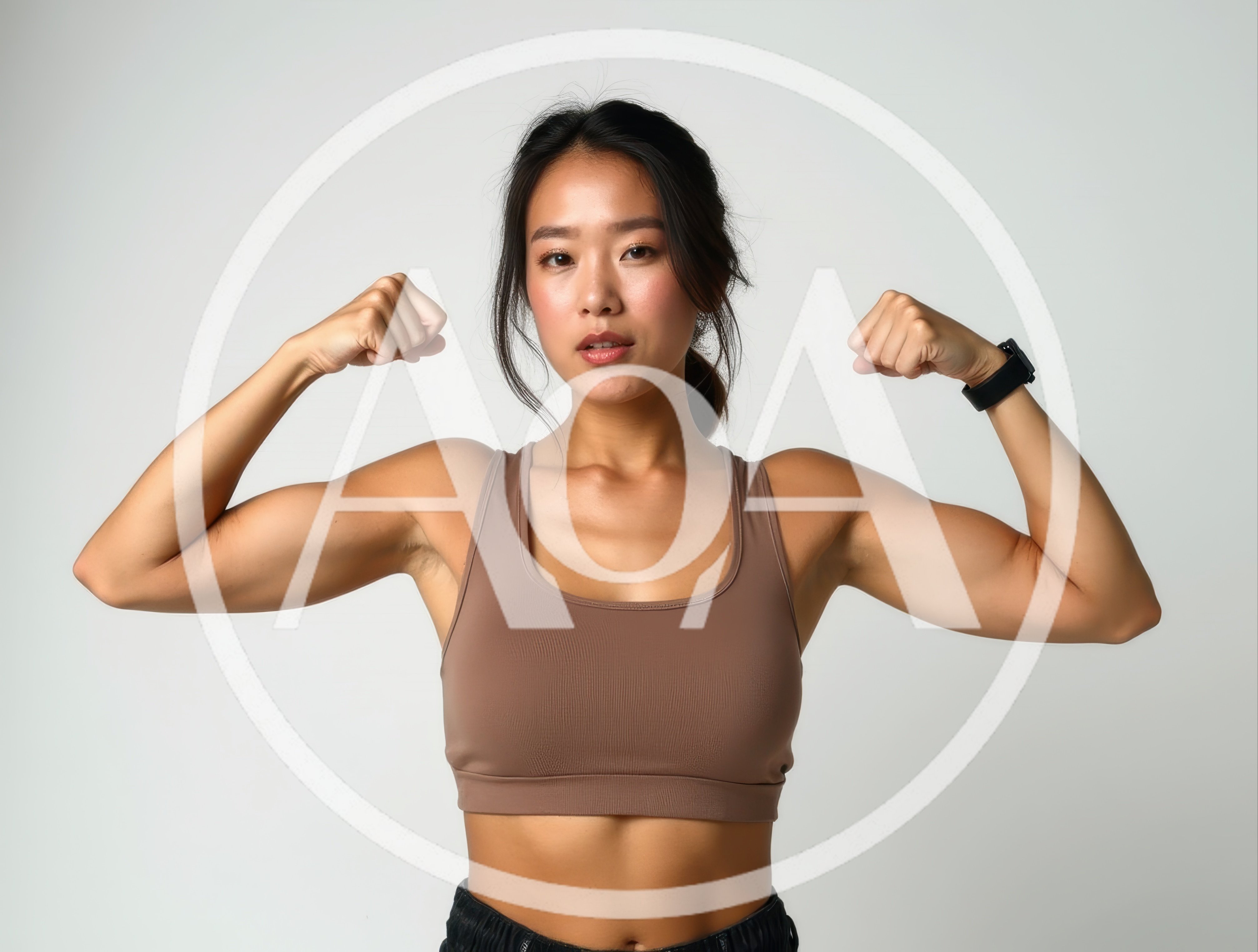 Fit Asian Woman Flexing Muscles In Studio