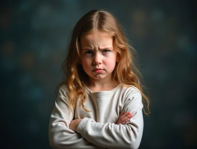 Portrait Of A Grumpy Young Girl With Crossed Arms