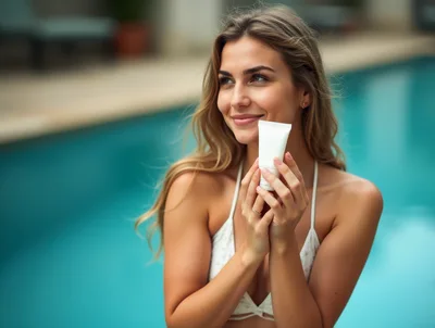 Young Woman Holding Sunscreen Tube By Swimming Pool