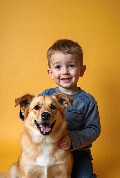 Happy Toddler Boy Hugging His Golden Dog
