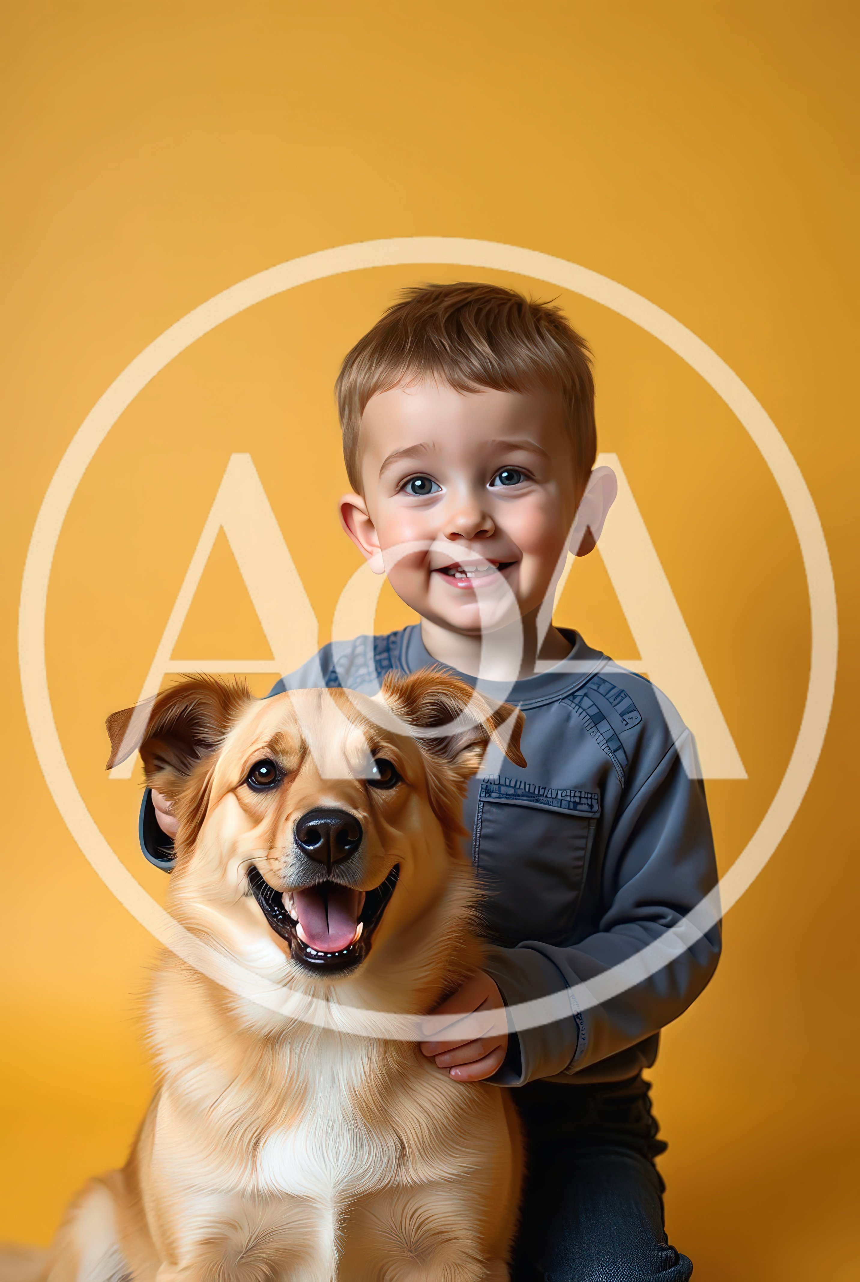 Happy Toddler Boy Hugging His Golden Dog