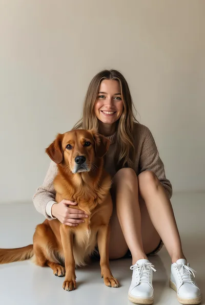 Young Woman Sitting With Her Golden Retriever Dog