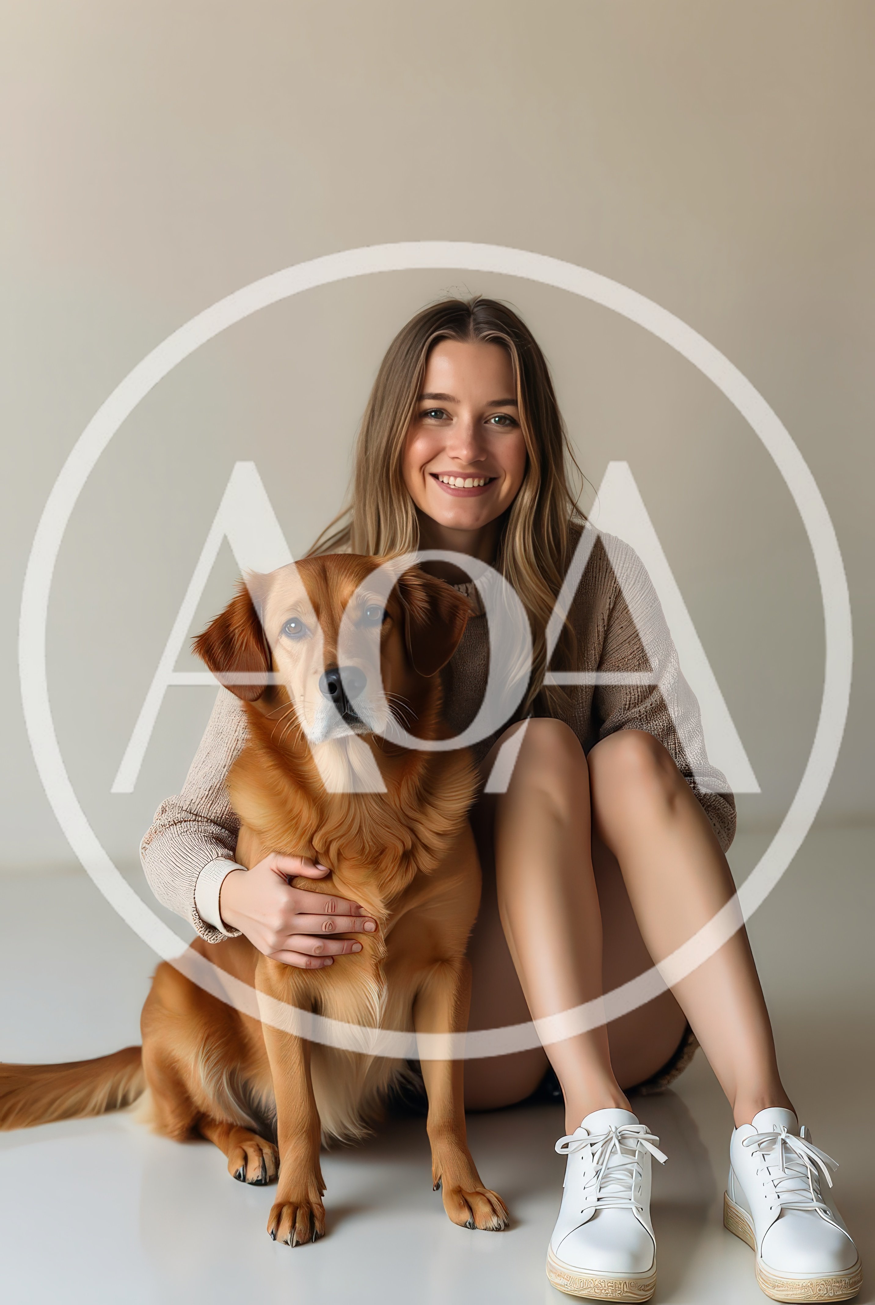 Young Woman Sitting With Her Golden Retriever Dog
