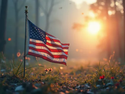 American Flag Waving in a Sunlit Meadow