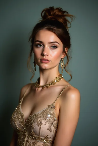 Elegant Woman Wearing Gold Jewelry and Evening Dress