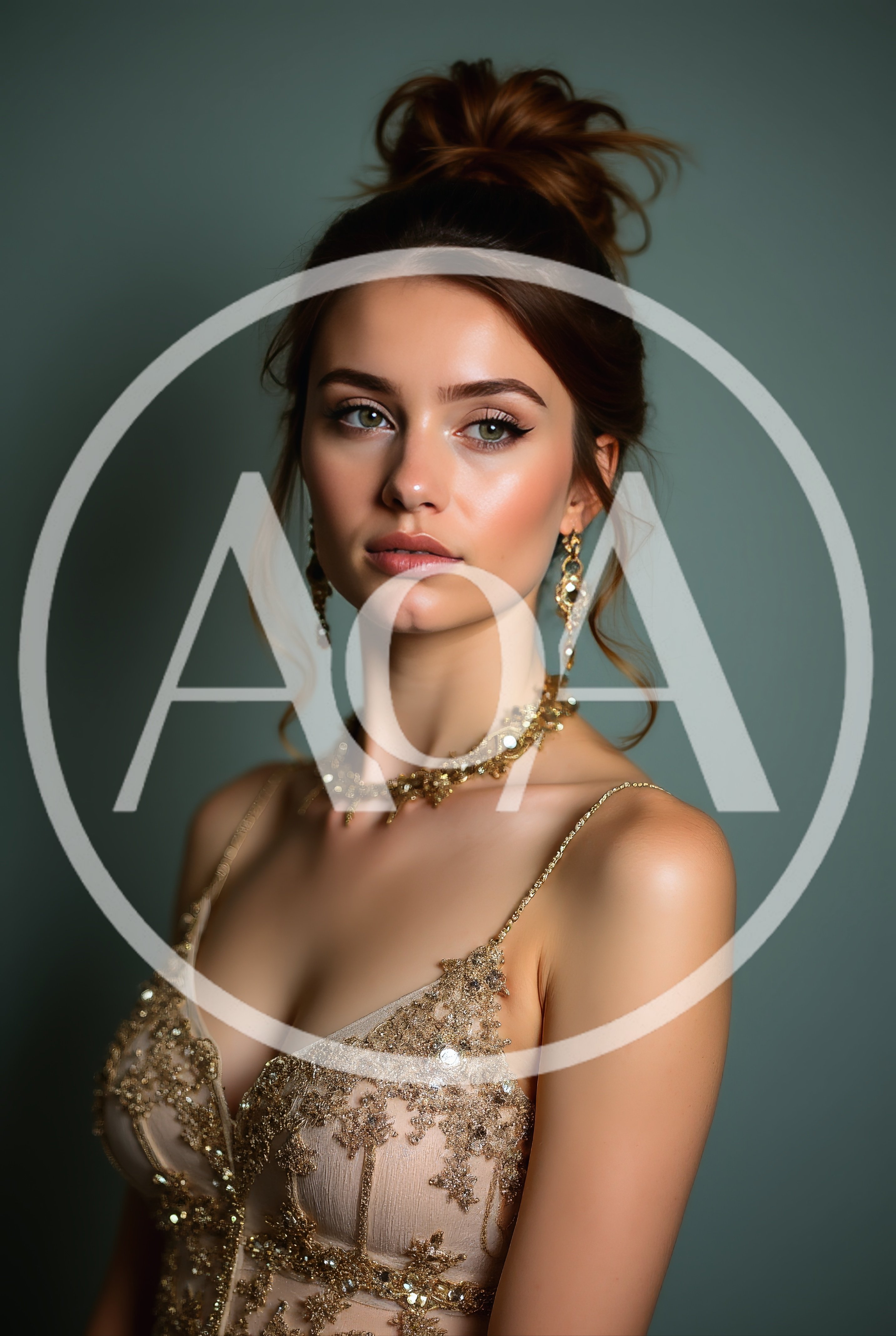 Elegant Woman Wearing Gold Jewelry and Evening Dress