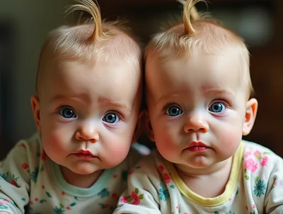 Portrait Of Identical Twin Babies With Blue Eyes