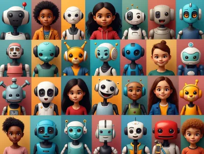 Grid of Diverse Human and Robot Character Portraits