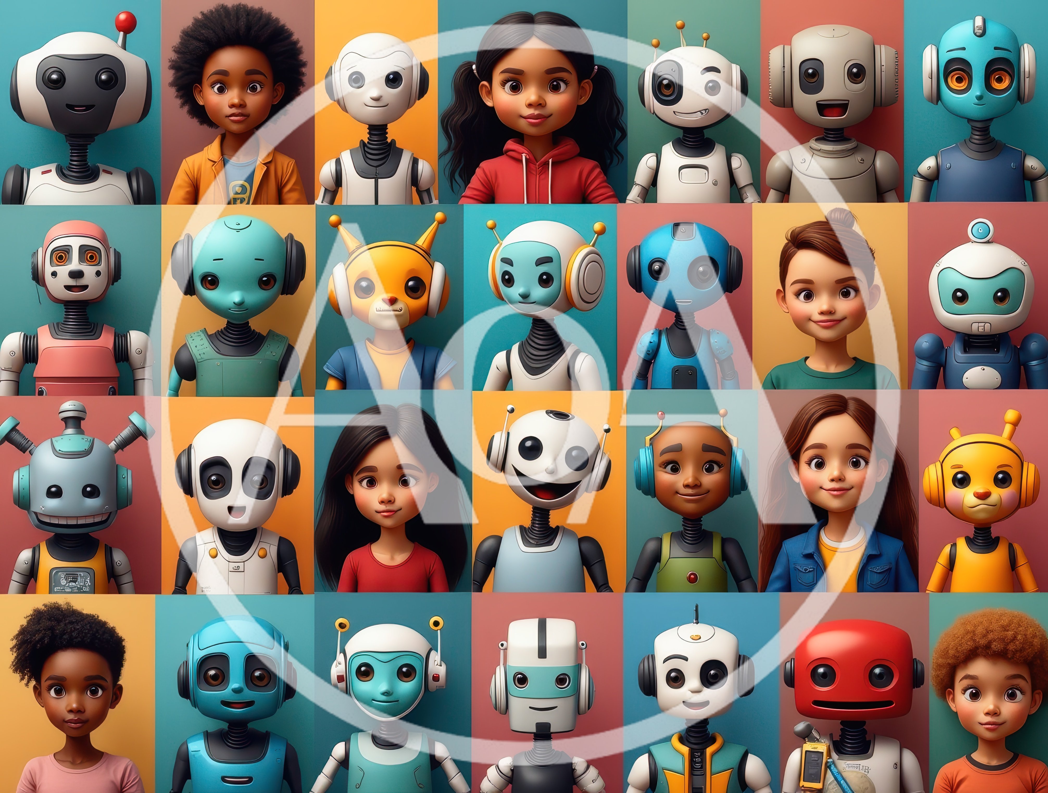 Grid of Diverse Human and Robot Character Portraits