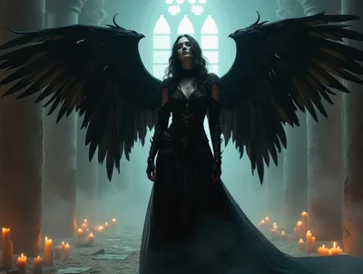 Gothic Fallen Angel Standing In A Candlelit Cathedral