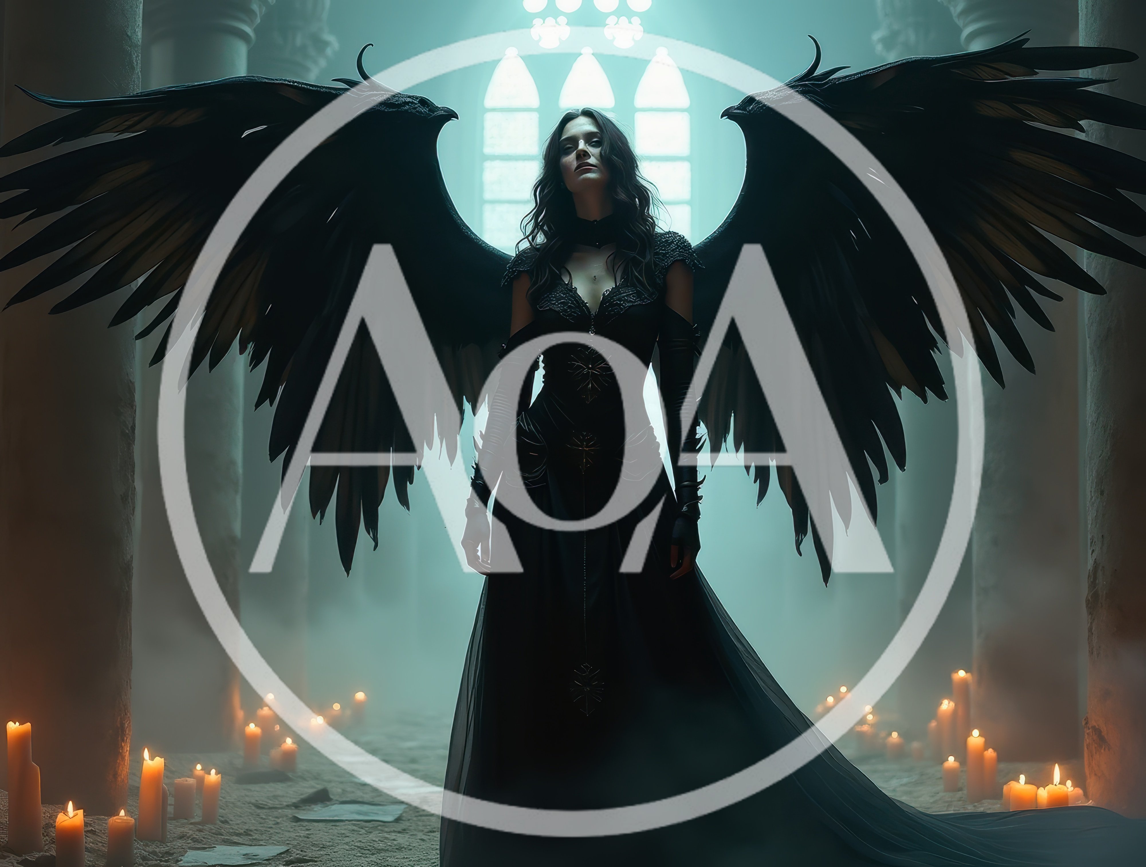 Gothic Fallen Angel Standing In A Candlelit Cathedral