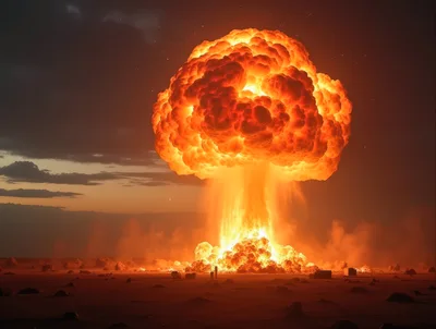 Massive Nuclear Explosion Mushroom Cloud Over Desert Landscape