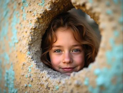 Young Girl Peeking Through A Circular Hole In Wall