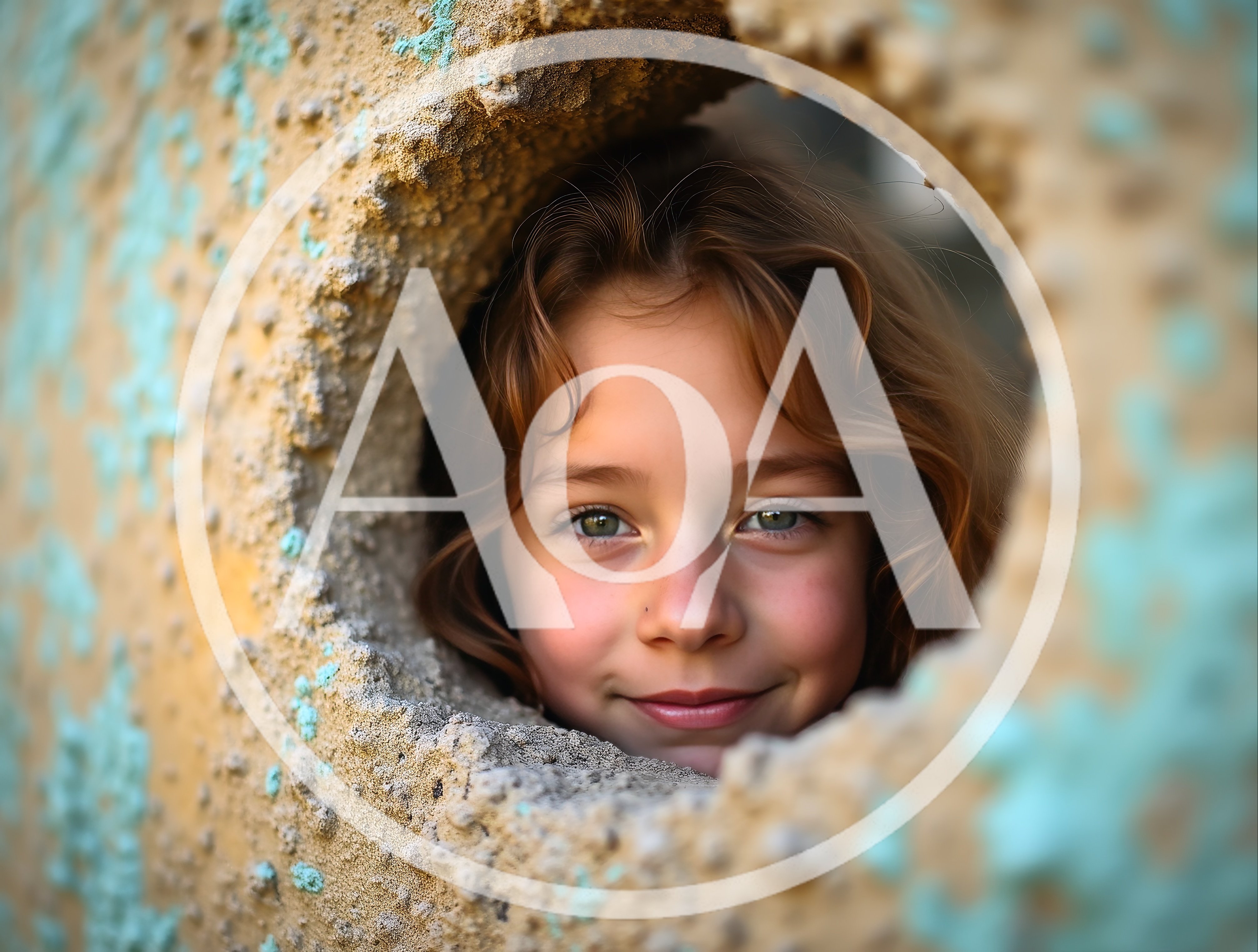 Young Girl Peeking Through A Circular Hole In Wall