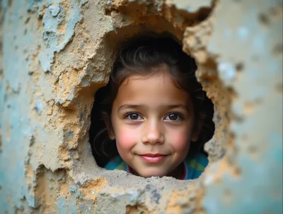 Young Girl Peering Through A Hole In A Wall