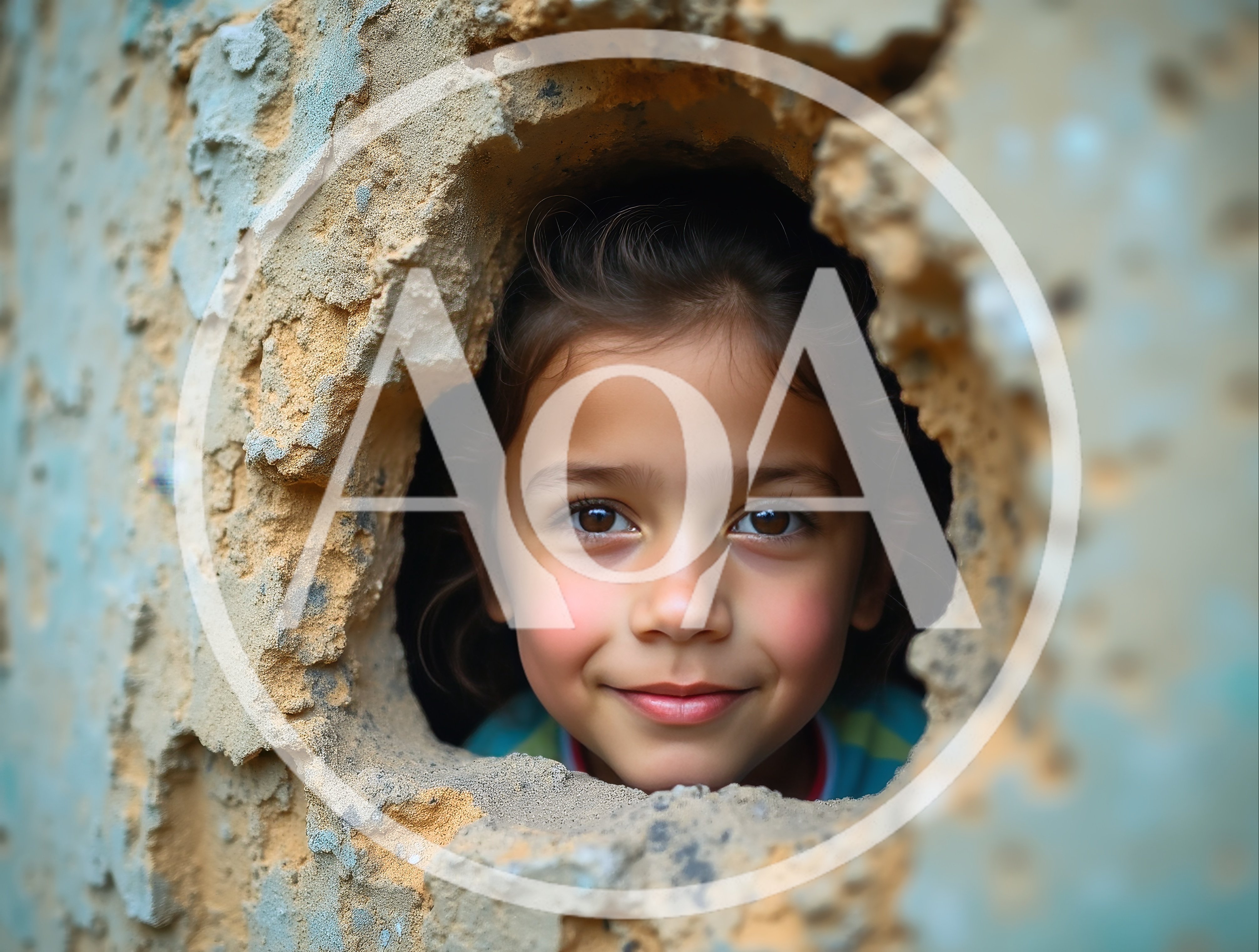 Young Girl Peering Through A Hole In A Wall