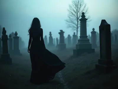 Woman in Black Dress Walking Through Foggy Cemetery