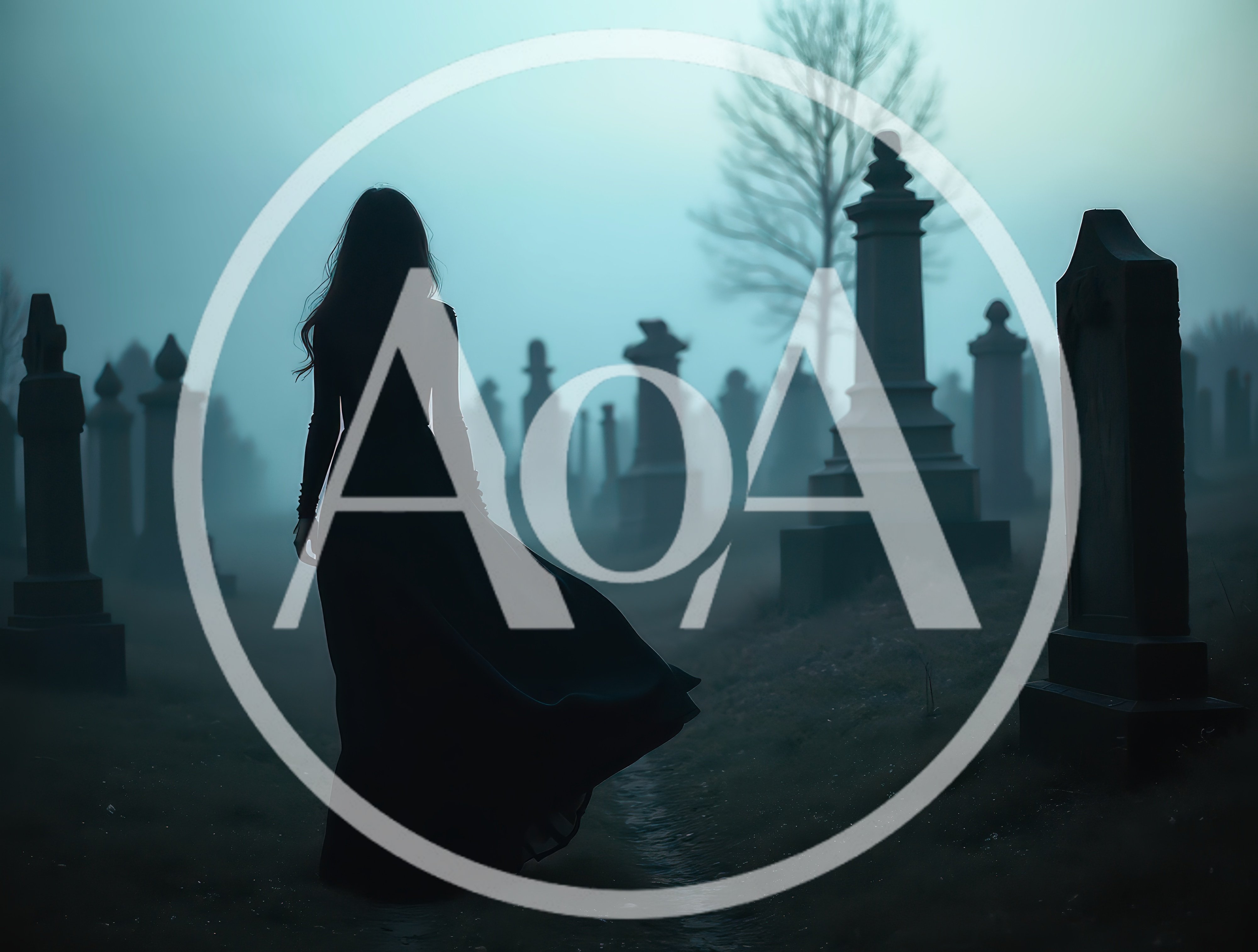 Woman in Black Dress Walking Through Foggy Cemetery