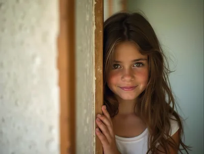 Young Girl Peeking Around A Doorway