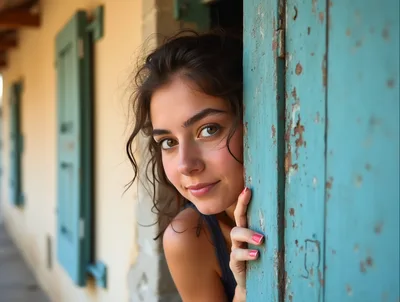 Young Woman Peeking From Behind A Rustic Blue Door