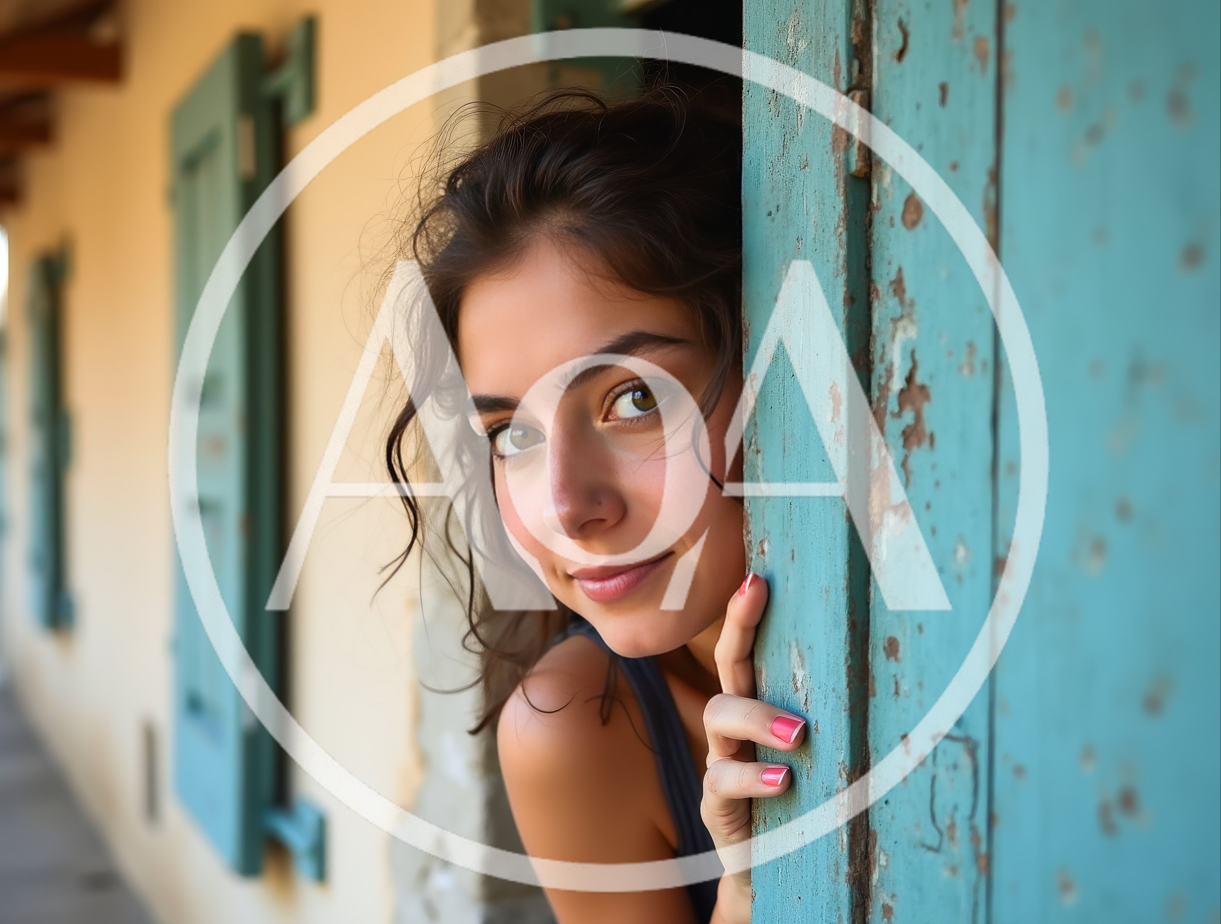 Young Woman Peeking From Behind A Rustic Blue Door