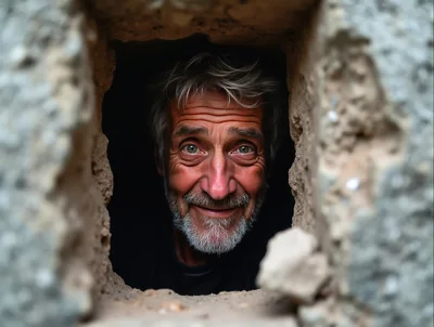 Middle Aged Man Peering Through A Hole In A Wall
