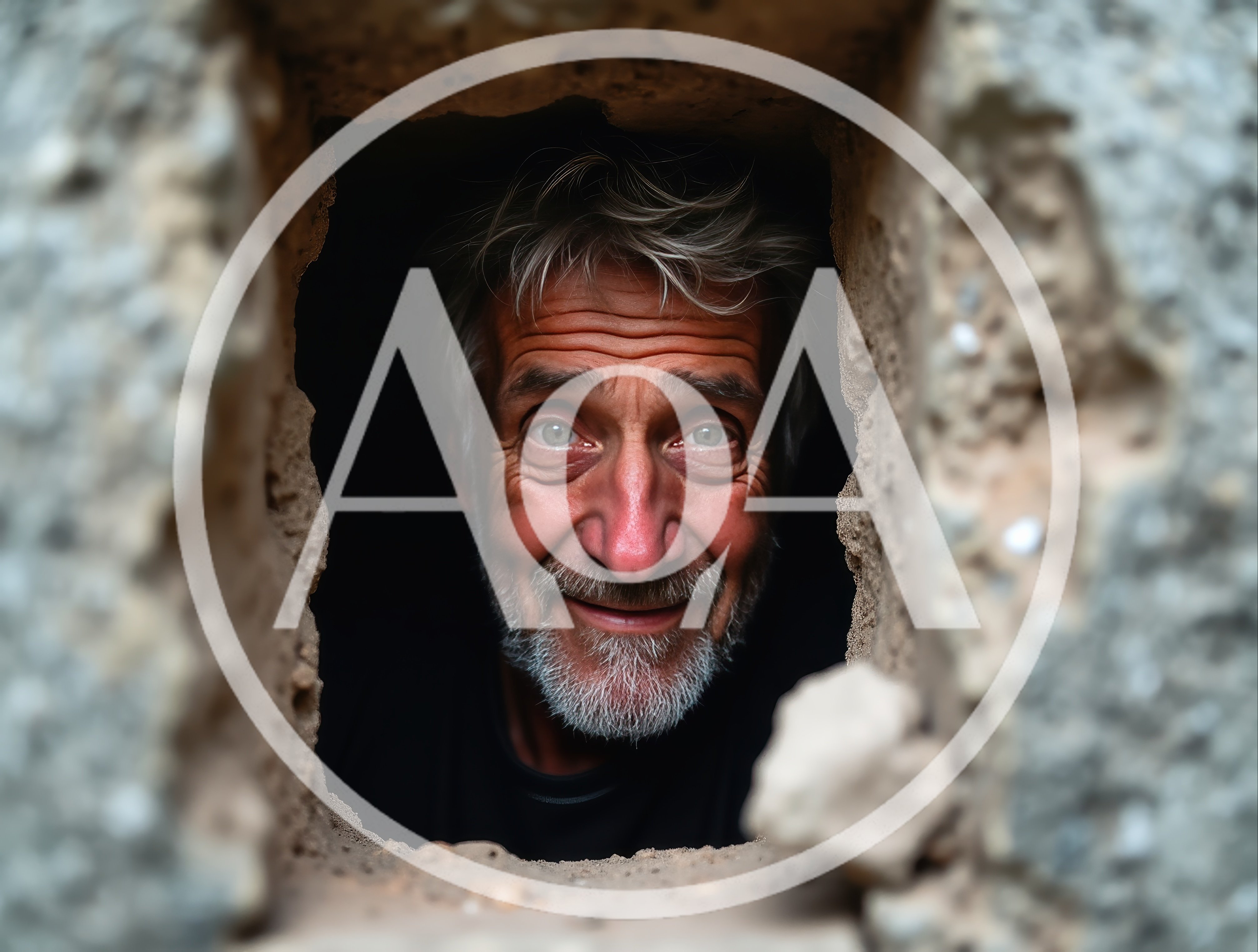 Middle Aged Man Peering Through A Hole In A Wall