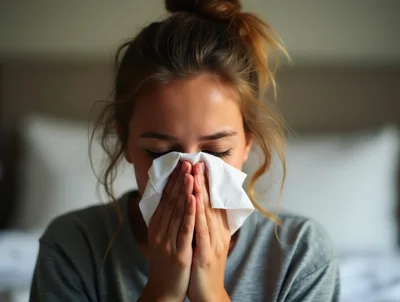 Young Woman Blowing Her Nose Into A Tissue