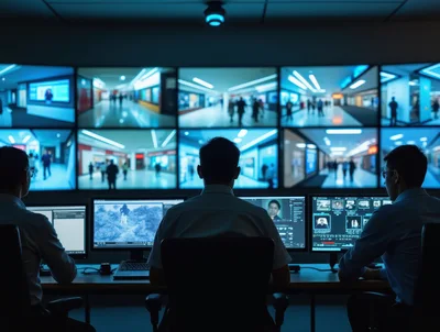 Security Personnel Monitoring Surveillance Screens In Control Room