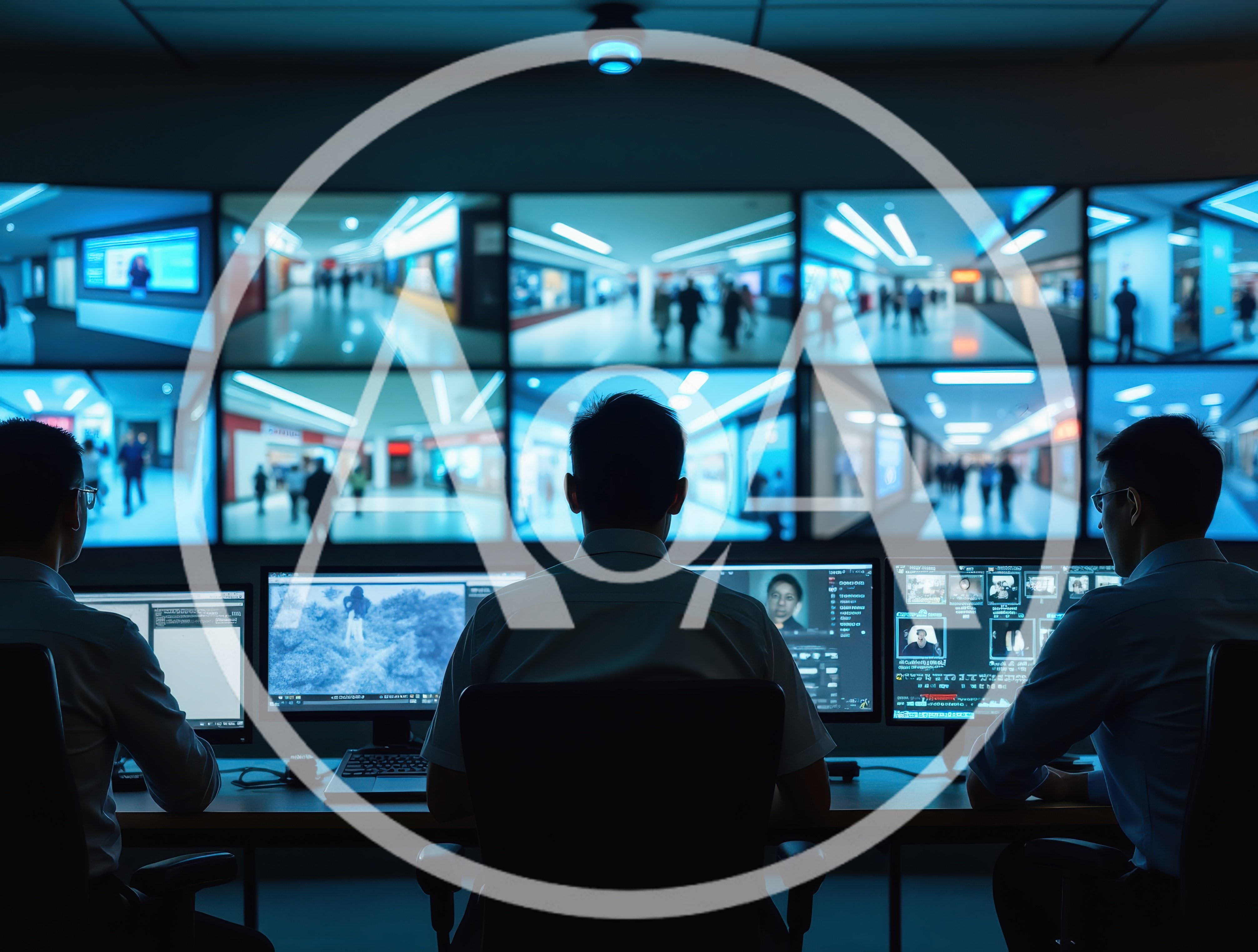 Security Personnel Monitoring Surveillance Screens In Control Room
