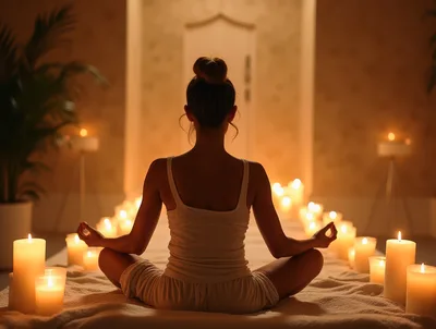 Woman Meditating In A Candlelit Room