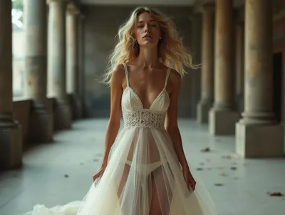 Blonde Woman In Sheer Lace Dress Standing In Colonnade