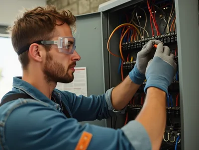 Electrician Working On Electrical Panel In Industrial Setting