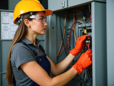 Female Electrician Working On Industrial Electrical Control Panel