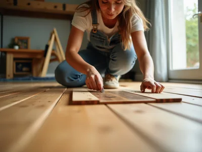 Woman Installing Wooden Floor Planks In A Home