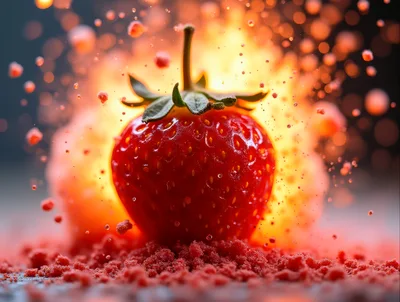 Fresh Strawberry Surrounded By Fiery Explosion And Crumbs