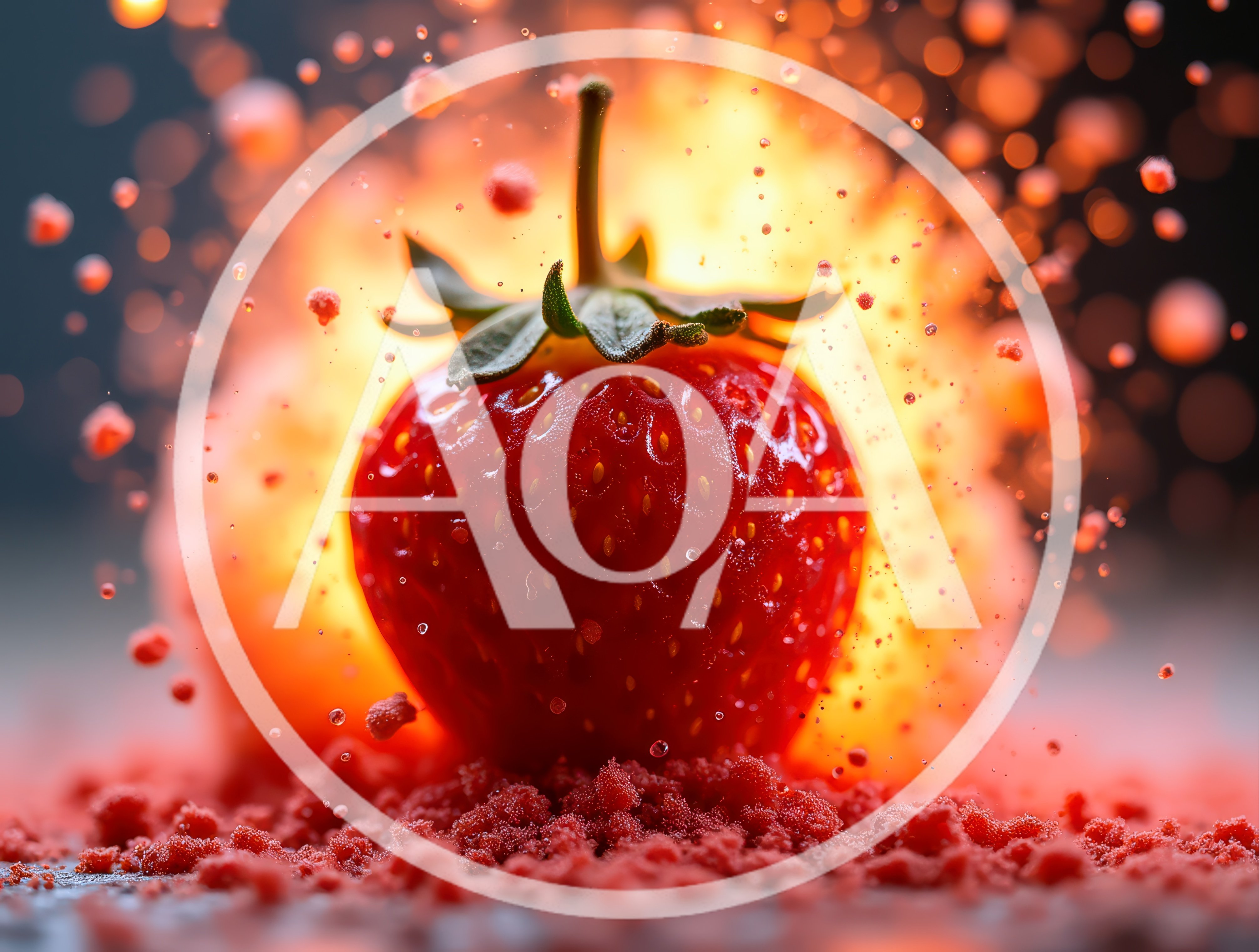Fresh Strawberry Surrounded By Fiery Explosion And Crumbs