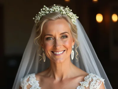 Portrait Of A Radiant Blonde Bride In Wedding Attire