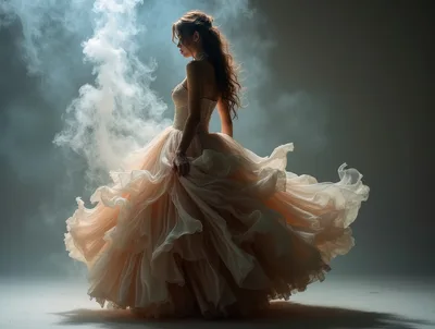 Elegant Woman In Flowing Ball Gown Amidst Smoke