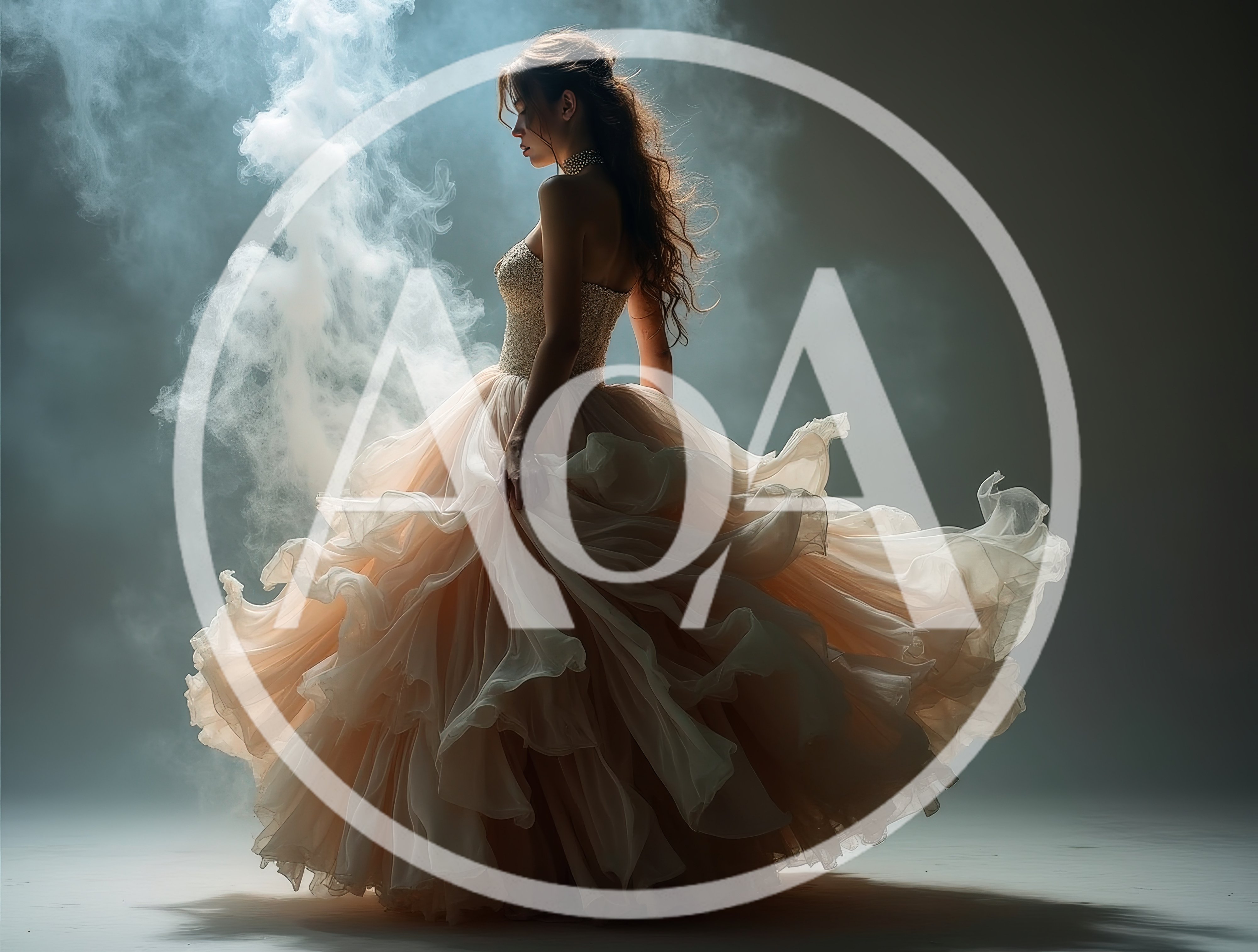 Elegant Woman In Flowing Ball Gown Amidst Smoke