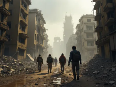 Group Of Survivors Walking Through A Ruined City