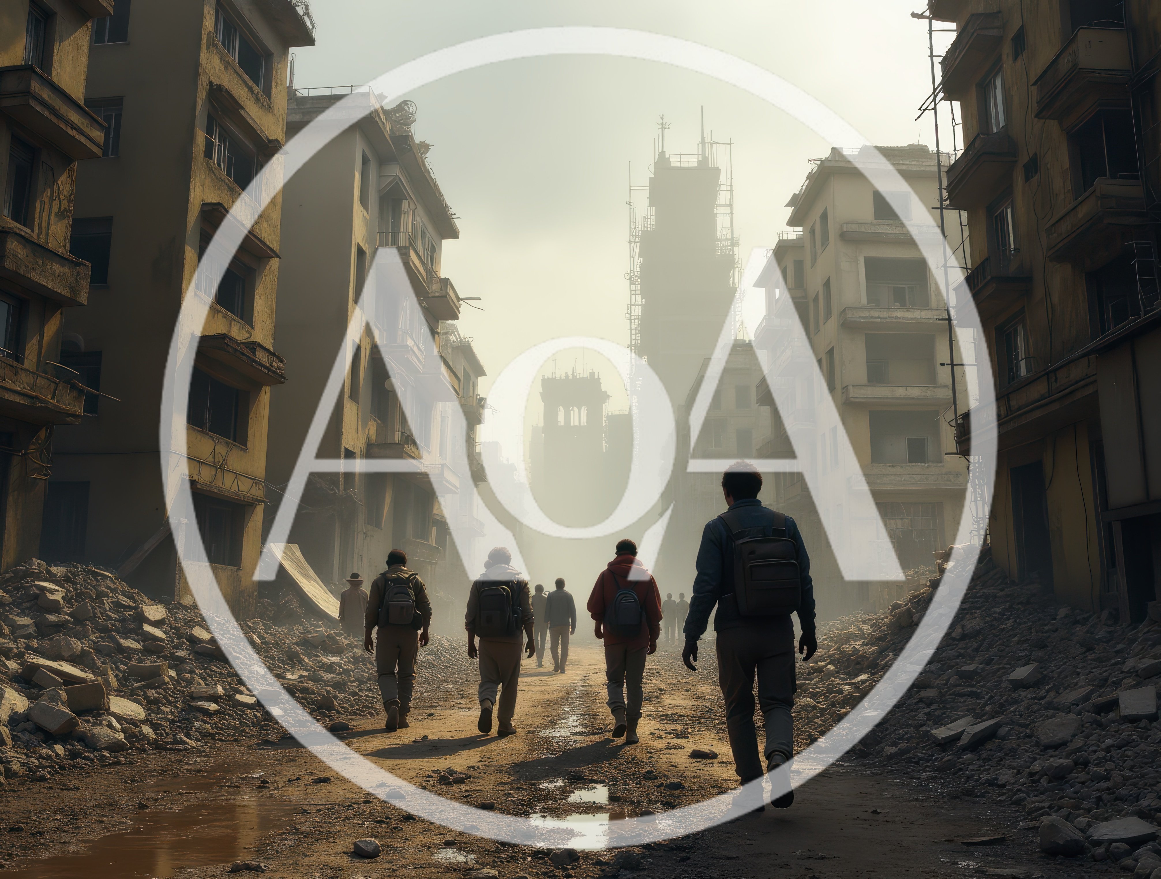 Group Of Survivors Walking Through A Ruined City