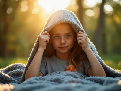 Young Girl Wrapped In A Cozy Blanket Outdoors
